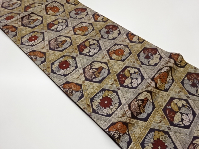 亀甲に菊・桜・桐模様織出し袋帯